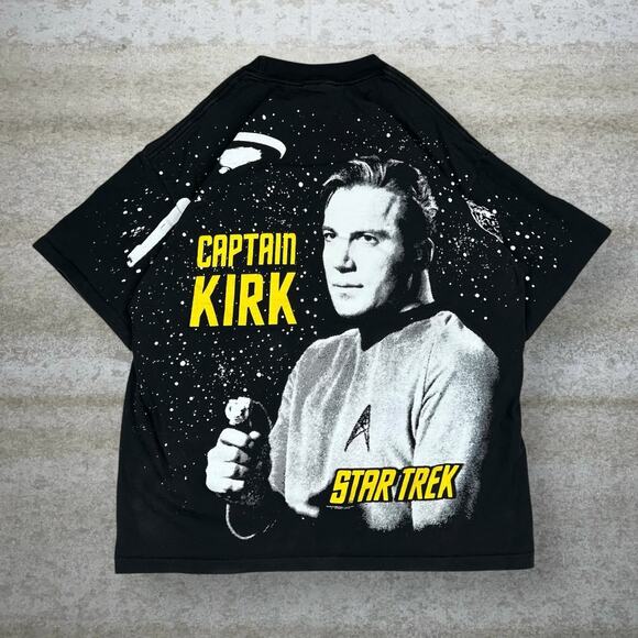 Vintage 1993 Captain Kirk Star Trek AOP Shirt Made in USA Black Short Sleeve 90s - Picture 2 of 5